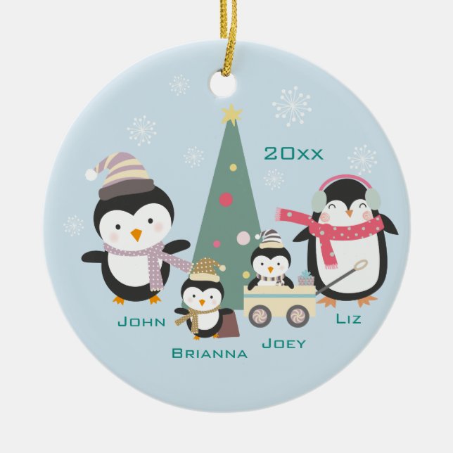 Mom, Dad & Two Children ~ Penguins Ceramic Ornament (Front)