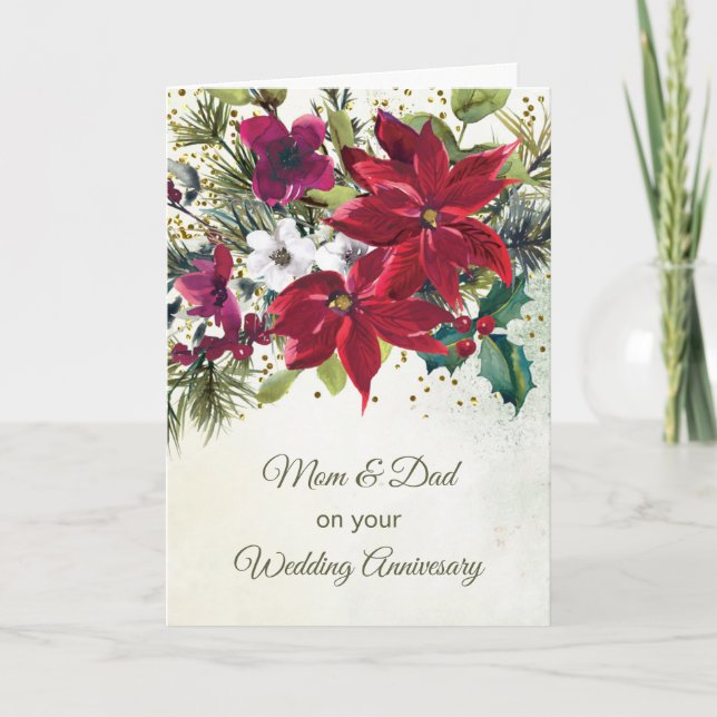 Mom & Dad, Wedding Anniversary, Poinsettia Holiday Card (Front)