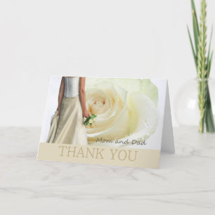 Mom + Dad Wedding Thank You White rose and bride Card