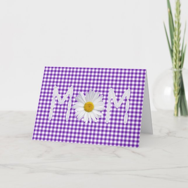 Mom Daisy on Purple and White Gingham Card (Front)