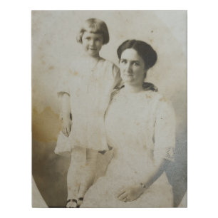 Mom & Daughter Oval Mask Foxed RPPC BW Photo Image Faux Canvas Print