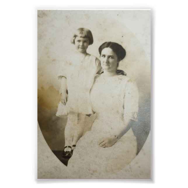 Mom & Daughter Oval Mask Foxed RPPC BW Photo Image Print (Front)