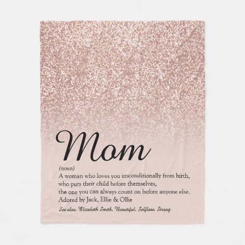 Mom Definition Elegant Script Rose Gold Glitter Fleece Blanket