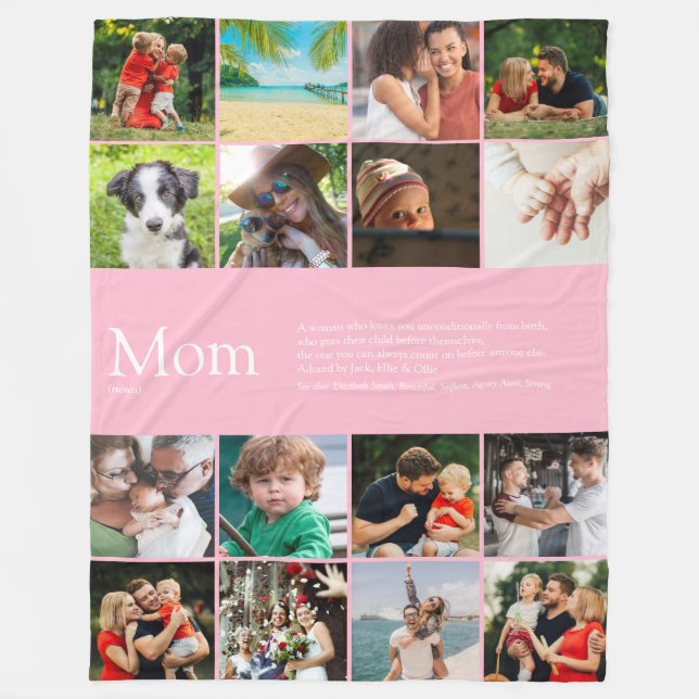 Mom Definition Family Photo Collage Pink Fleece Blanket (Front)