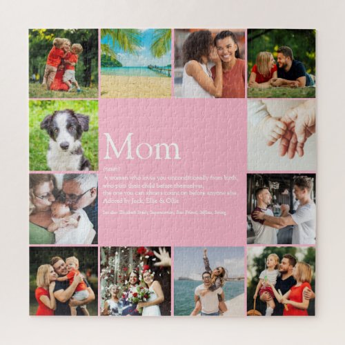 Mom Definition Quote 12 Photo Collage Pink Jigsaw Puzzle