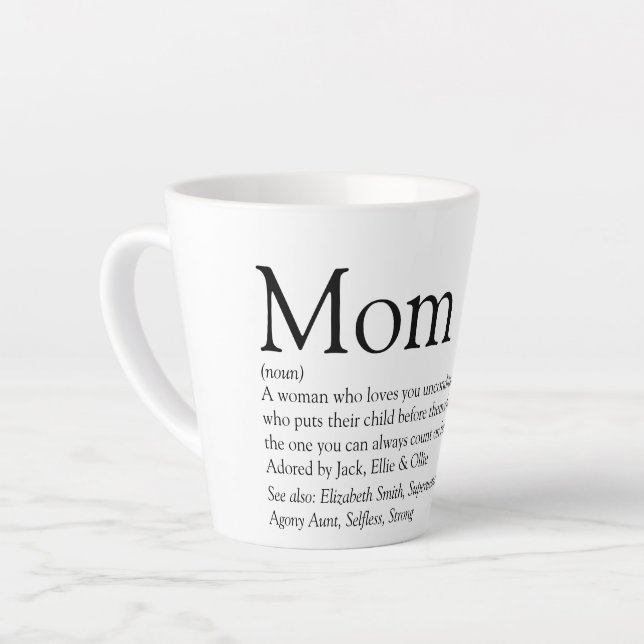 Mom Definition Quote Black and White Latte Mug (Left Angle)