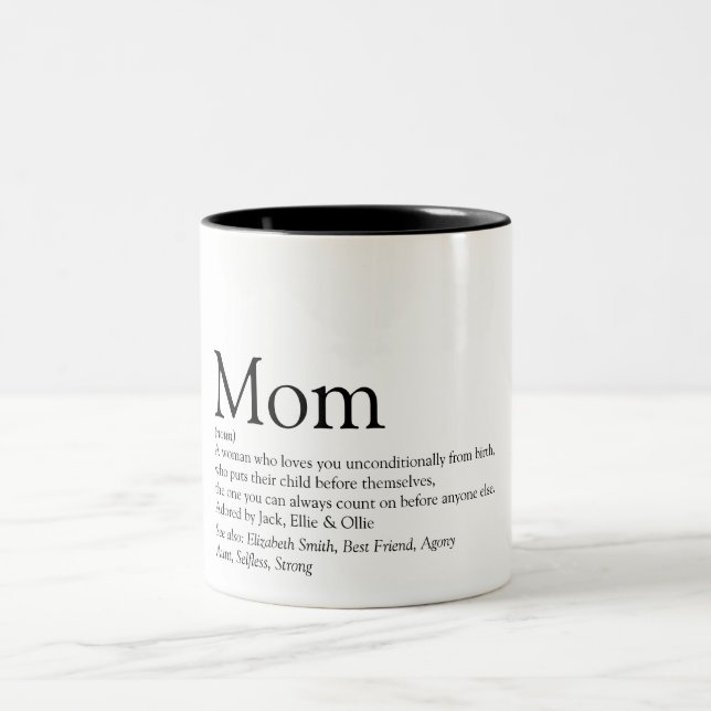 Mom Definition Quote Black and White Two-Tone Coffee Mug (Center)