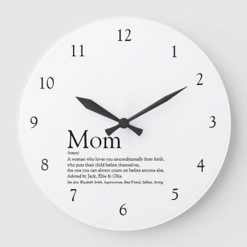 Mom Definition Quote Modern Black and White Large Clock