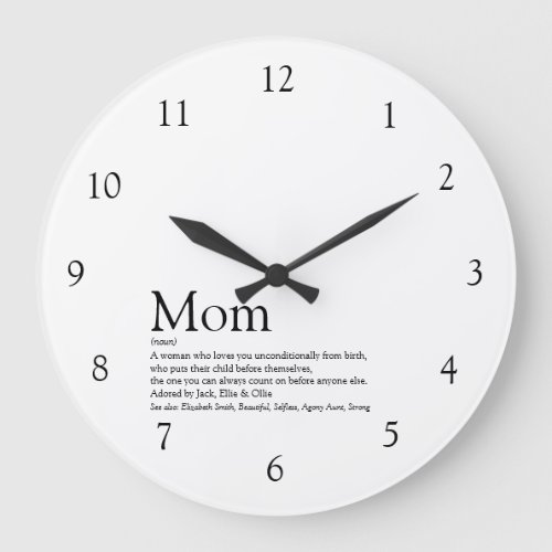 Mom Definition Quote Modern Black and White Large  Large Clock