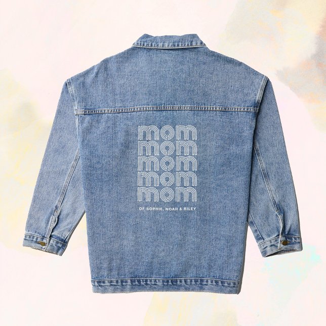Mom | Disco Style Text with Children's Names Denim Jacket (A trendy, disco style design on a denim jacket for the proud mom)