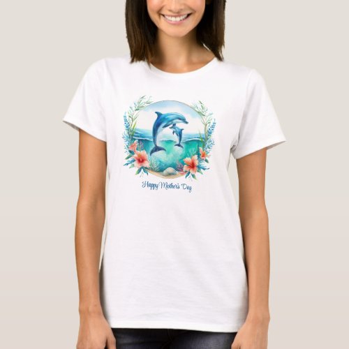 Mom dolphin with baby tropical ocean Mothers Day T_Shirt