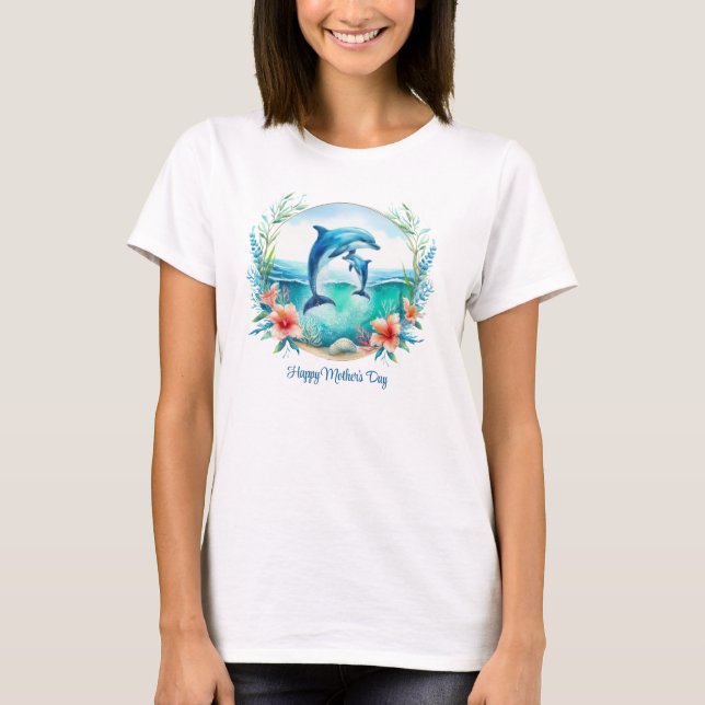 Mom dolphin with baby tropical ocean Mother's Day T-Shirt (Front)