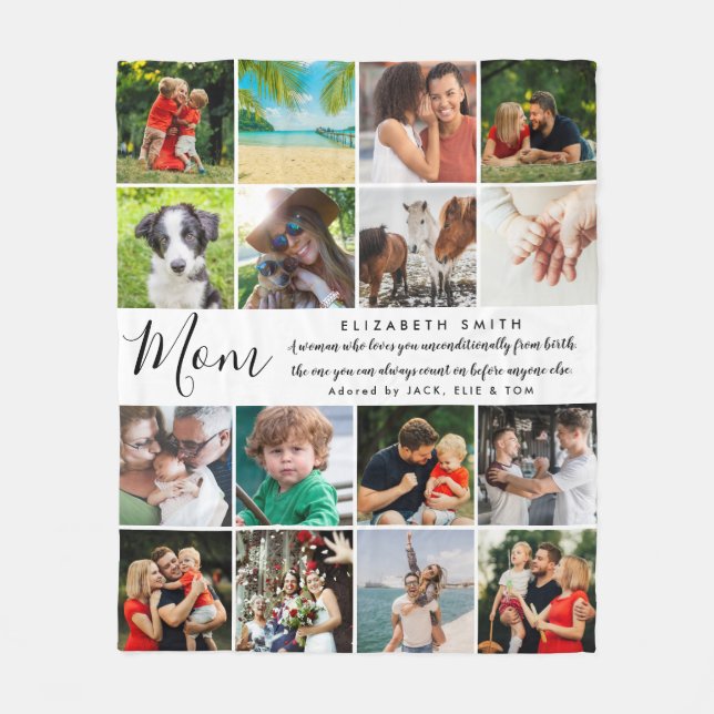 Mom Elegant Script Quote 16 Photo Collage Fleece Blanket (Front)