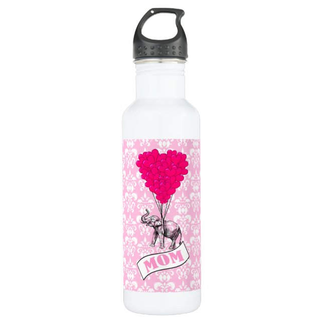 Mom, elephant and heart balloons water bottle (Front)