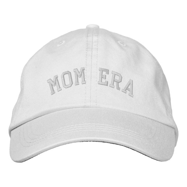 Mom Era Baby Shower Gift New Mom White Embroidered Baseball Cap (Front)