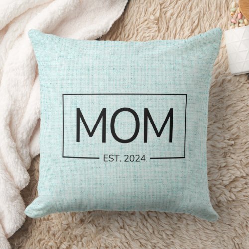 Mom est 2024 new mom baby reveal blue faux burlap throw pillow