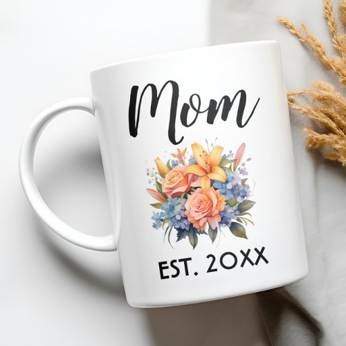 Mom Est Date Orange Blue Flowers Bouquet Coffee Mug
