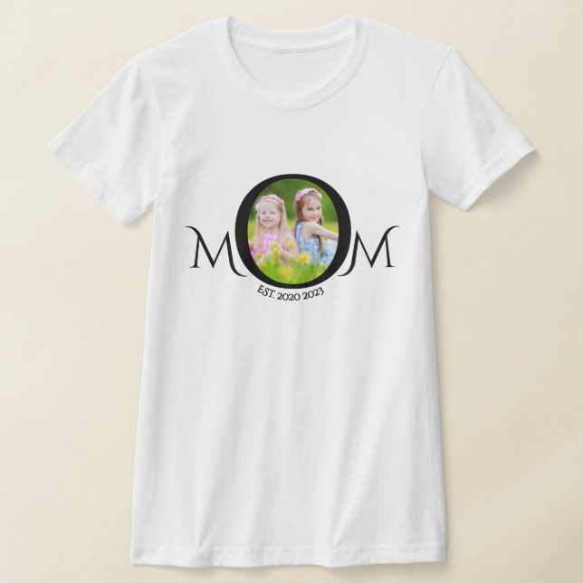 Mom Est. Mother's Day Photo Script Black on White T-Shirt (Laydown)