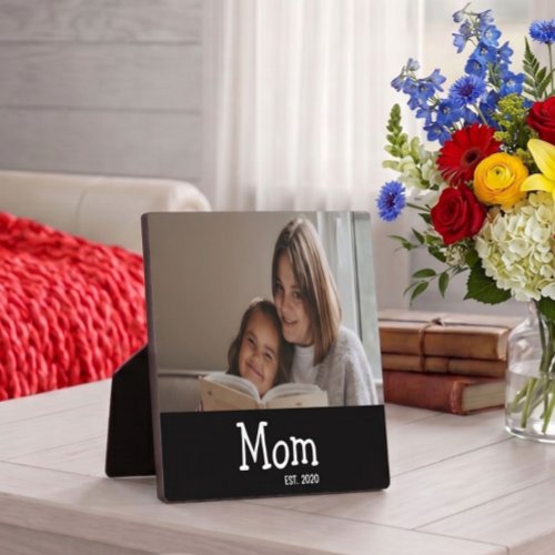Mom Est Saying White Whimsical Font Photo Plaque