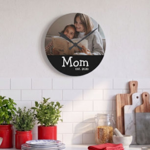 Mom Est Saying White Whimsical Font Round Clock
