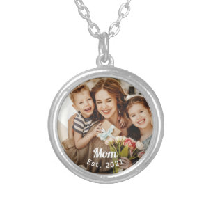 Mom Est. Year Custom Photo Silver Plated Necklace