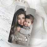 Mom est year hearts overlay photo keychain<br><div class="desc">Keychain featuring your custom photo and the text "Mom" in a cute calligraphy script font along with hearts and year as a white an overlay.</div>