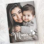 Mom est year hearts overlay photo magnet<br><div class="desc">Fridge magnet featuring your custom photo and the text "Mom" in a cute calligraphy script font along with hearts and year as a white an overlay.</div>