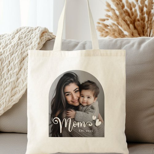 Mom est year hearts overlay photo tote bag