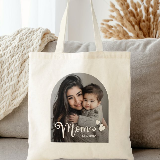 Mom est year hearts overlay photo tote bag (Mom est year hearts overlay photo tote bag)