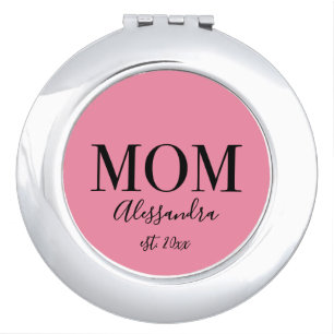 Mom Est. Year Monogram Name Peony Pink Minimalist Compact Mirror