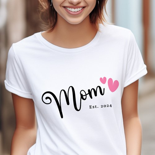 Mom Est year mothers day cute and script hearts T_Shirt
