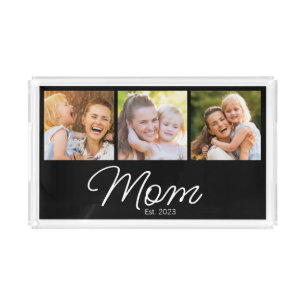 Mom Established 3 Photo Script Black Acrylic Tray