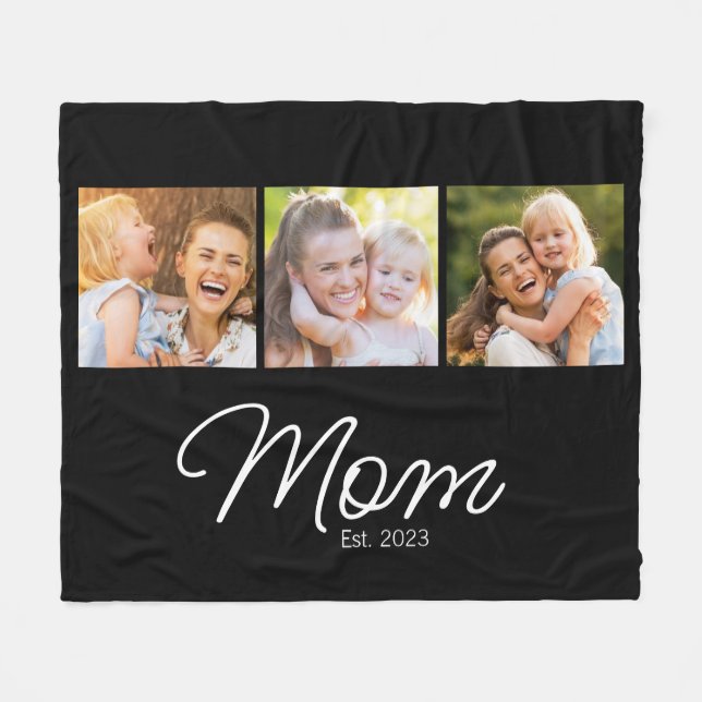 Mom Established 3 Photo Script Black Fleece Blanket (Front (Horizontal))