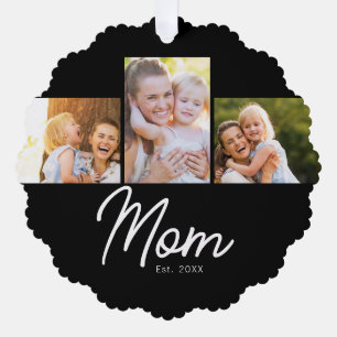 Mom Established 3 Photo Script Black Ornament Card