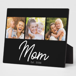 Mom Established 3 Photo Script Black Plaque