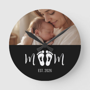 Mom Established Baby Footprints Photo Mother's Day Round Clock