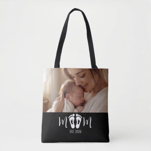 Mom Established Baby Footprints Script Black Photo Tote Bag