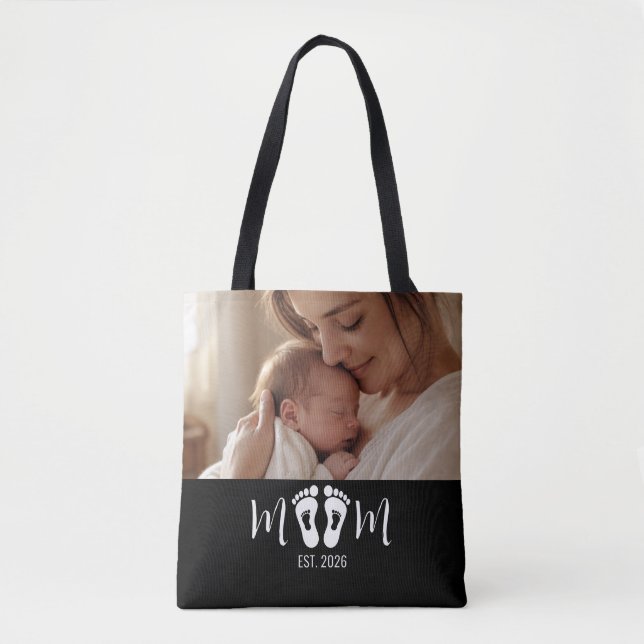 Mom Established Baby Footprints Script Black Photo Tote Bag (Front)