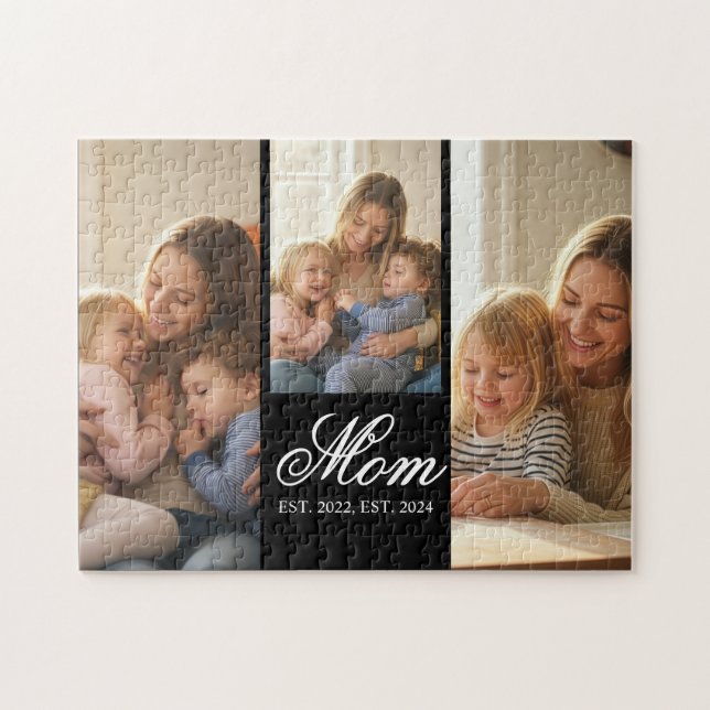 Mom Established Black Elegant Script 3 Photo Jigsaw Puzzle (Horizontal)