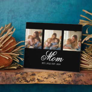 Mom Established Black Elegant Script 3 Photo Plaque