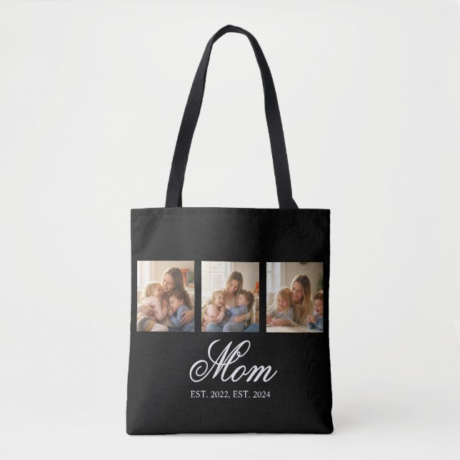Mom Established Black Elegant Script 3 Photo Tote Bag (Front)