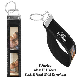 Mom Established Black Elegant Script 3 Photo Wrist Keychain