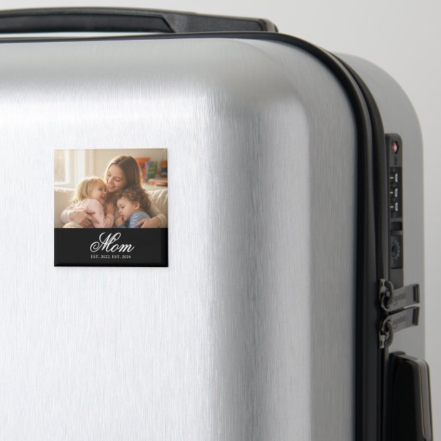 Mom Established Black Elegant Script Photo Magnet (In Situ (Luggage))