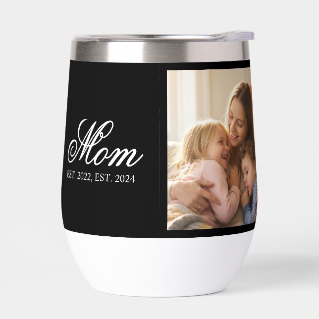 Mom Established Black Elegant Script Photo Thermal Wine Tumbler (Left)
