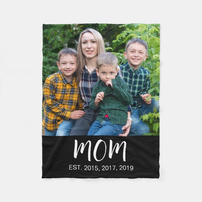 Mom Established Black Modern Bold Script Photo Fleece Blanket (Front)