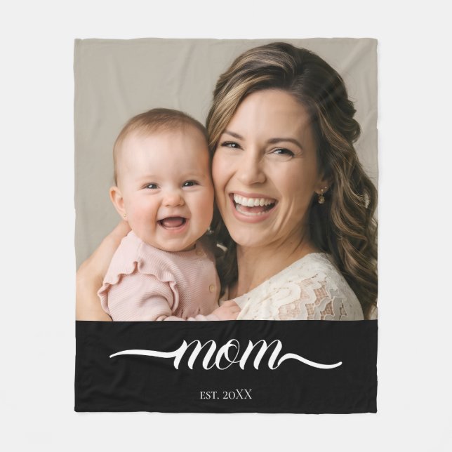 Mom Established Black Modern Script Photo  Fleece Blanket (Front)