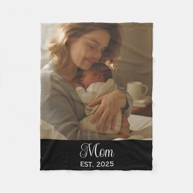 Mom Established Black Modern Script Photo Fleece Blanket (Front)