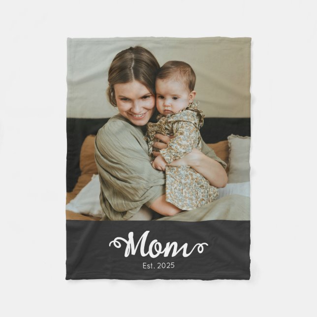 Mom Established Black Modern Script Photo Fleece Blanket (Front)