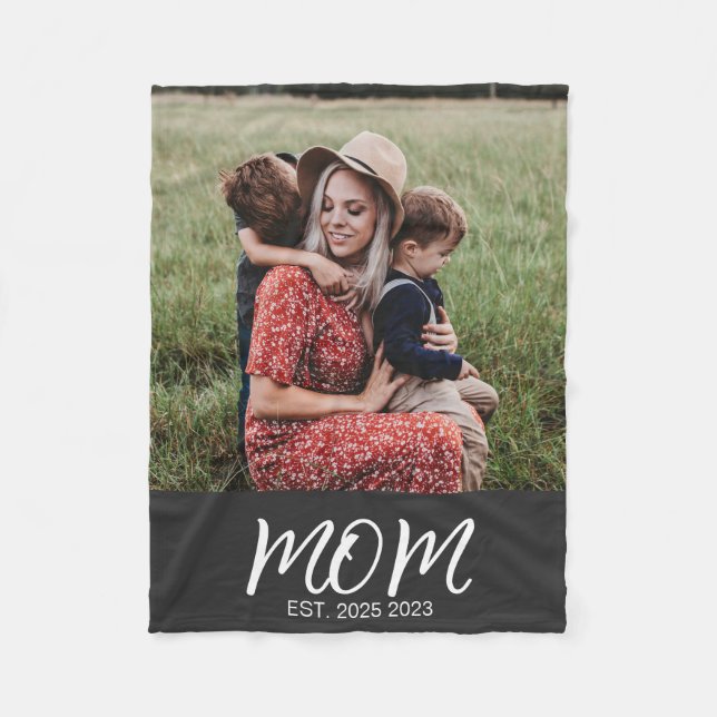 Mom Established Black Modern Script Photo Fleece Blanket (Front)