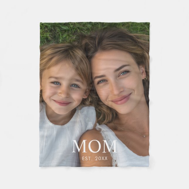 Mom Established Black Modern Script Photo  Fleece Blanket (Front)